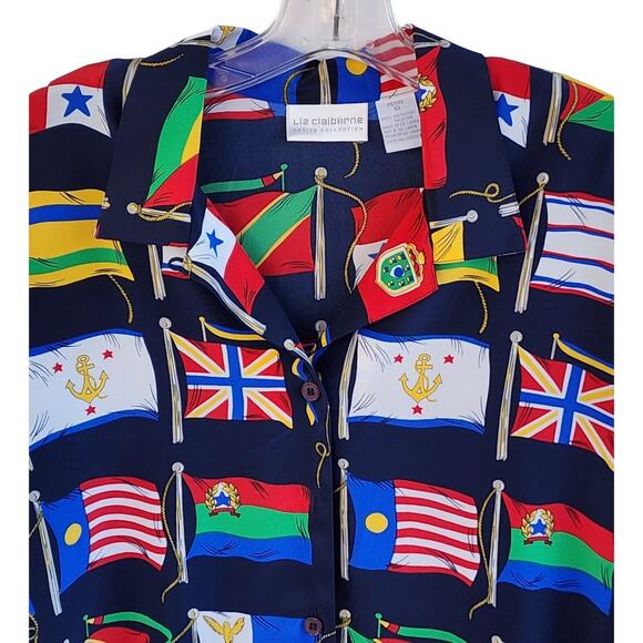 NWT Liz Claiborne Petites Vintage Nautical Flag Print Blouse 10P Cruise Resort - Picture 3 of 6